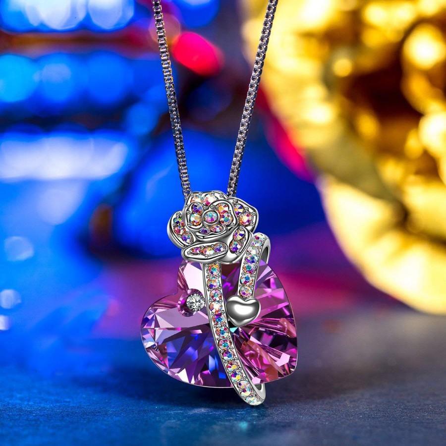 Iridescent Amethyst Gemstone Crystal Rose Heart Necklace