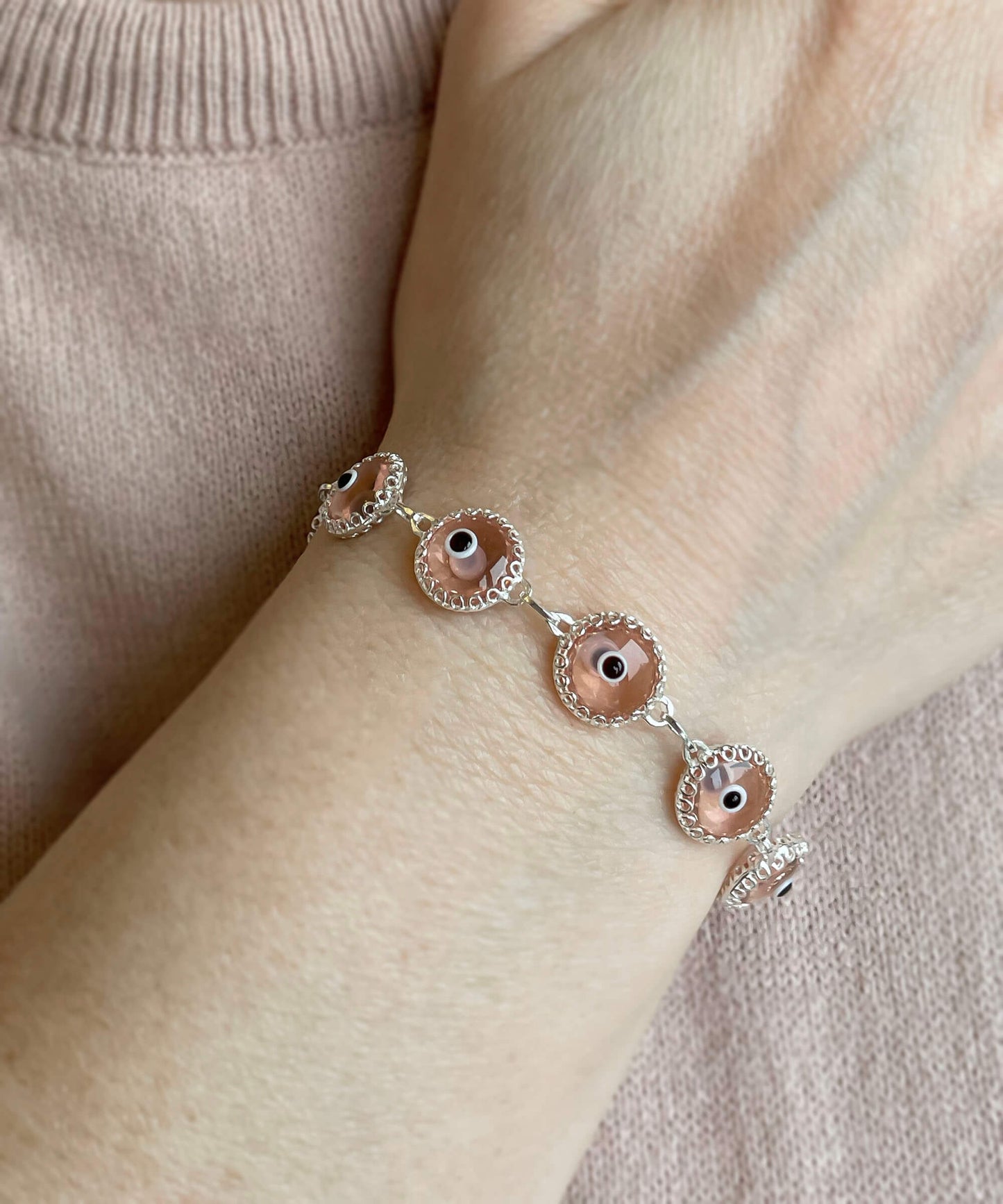 Pink Evil Eye Sterling Silver Woman Adjustable Link Bracelet