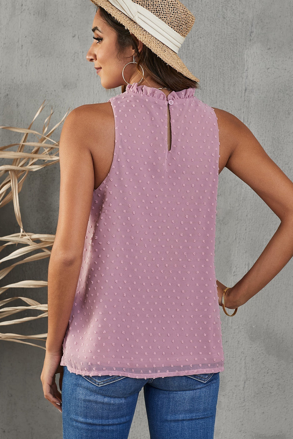 PINK RUFFLE POLKA DOT RUFFLE SLEEVELESS BLOUSE
