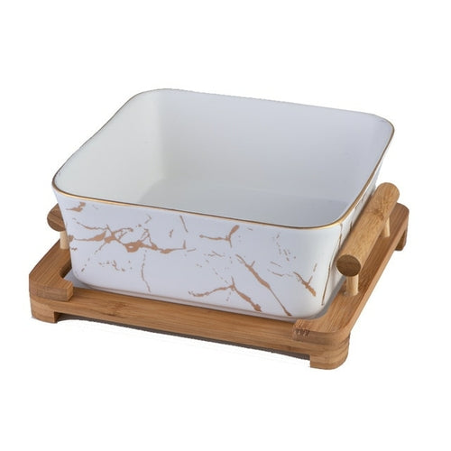 Marble Pattern Bowl and Wooden Tray