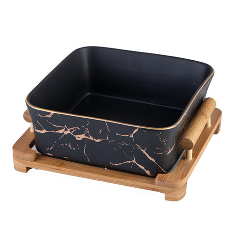 Marble Pattern Bowl and Wooden Tray