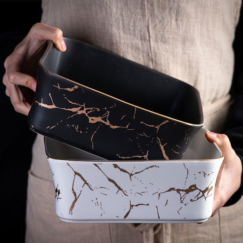 Marble Pattern Bowl and Wooden Tray