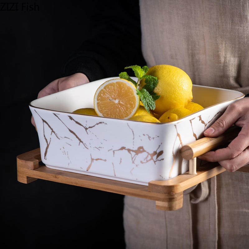 Marble Pattern Bowl and Wooden Tray