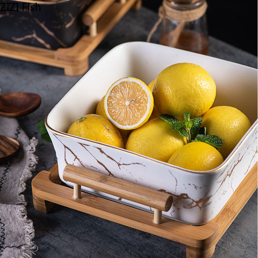 Marble Pattern Bowl and Wooden Tray