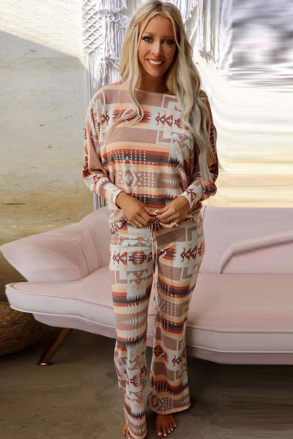 Diamond Print Home Wear Women's Autumn and Winter New Long Sleeve Top
