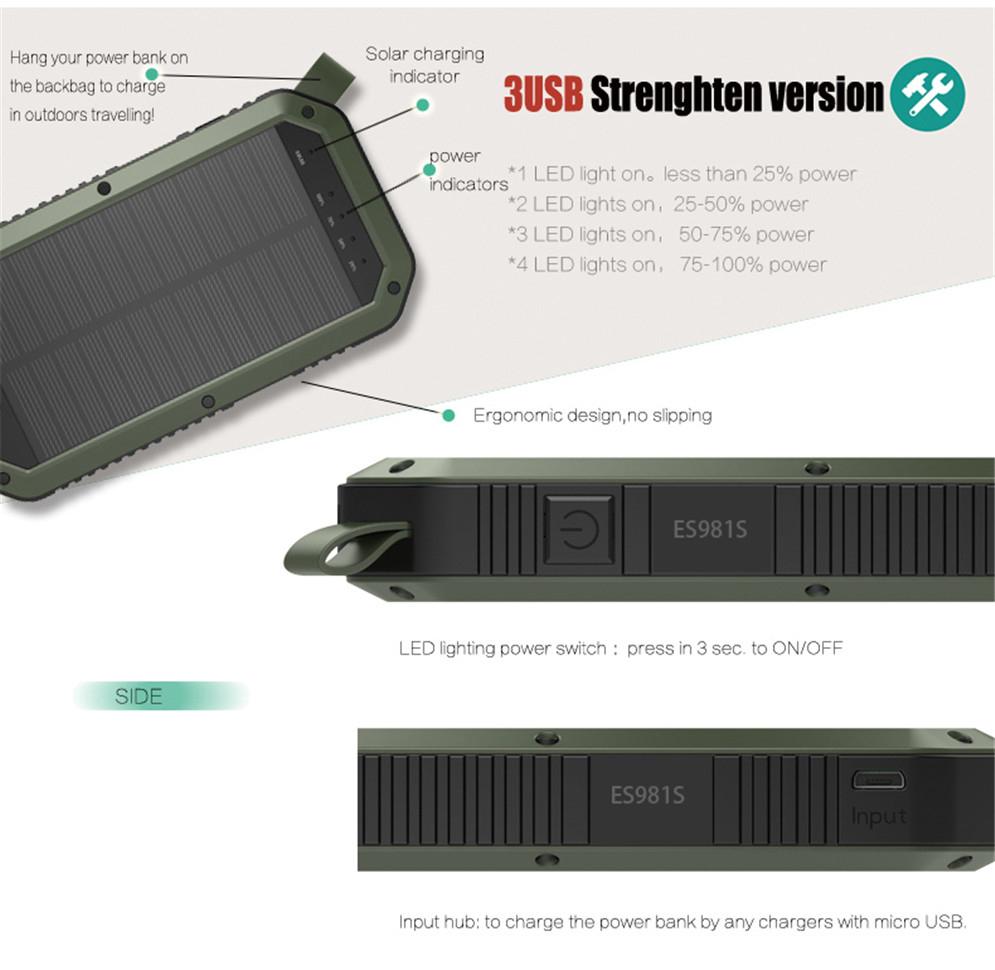 Solar Powered Waterproof LED Light 3 USB Ports Multi Charger 10,000 mAh
