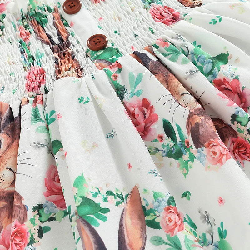 Easter Toddler Girls Dress Rabbit Floral Print Sleeveless Spaghetti Strap