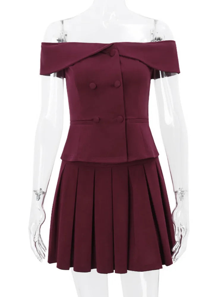 Mozision Two Piece Set Women Off-shoulder Tops And Pleated Skirt