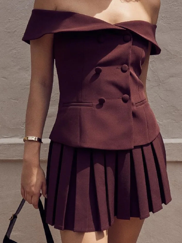 Mozision Two Piece Set Women Off-shoulder Tops And Pleated Skirt