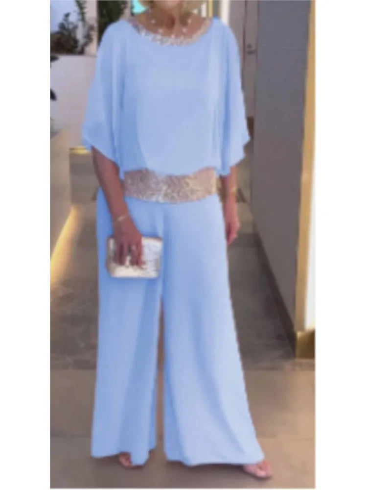 Fashion Sequin Splicing Chiffon Shirt Women's Bat Short Sleeved Suit