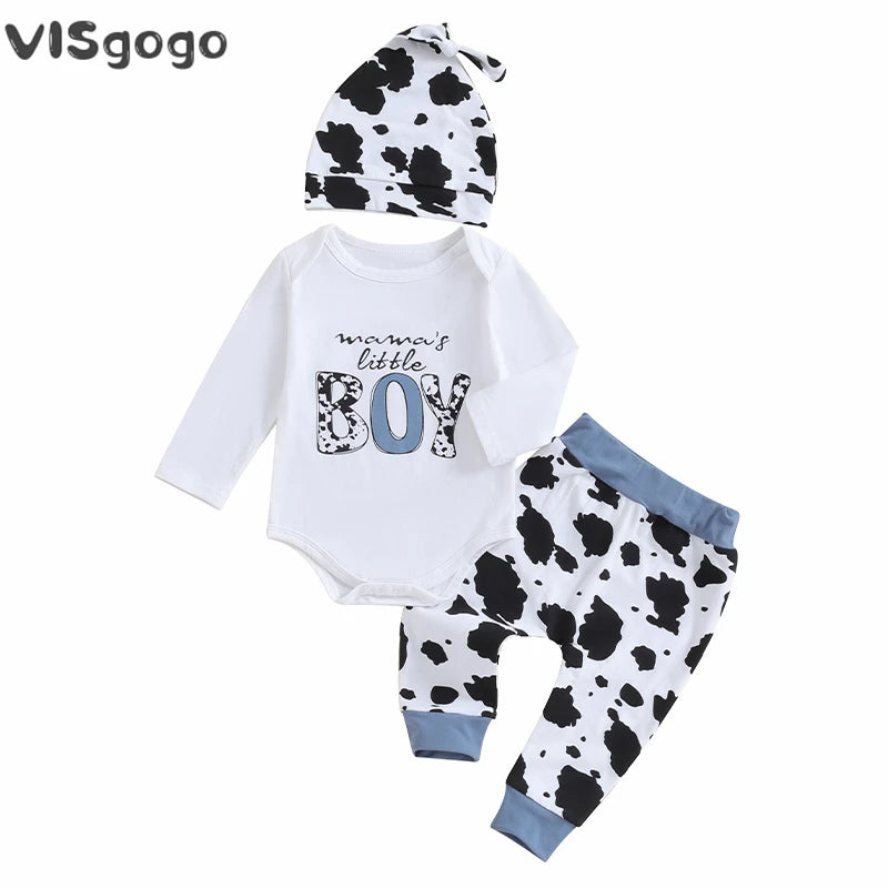 VISgogo 3 Pcs Baby Boy Outfit Letter Print Long Sleeve Rompers and Cow