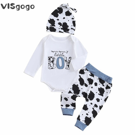 VISgogo 3 Pcs Baby Boy Outfit Letter Print Long Sleeve Rompers and Cow