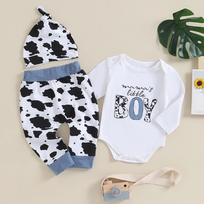 VISgogo 3 Pcs Baby Boy Outfit Letter Print Long Sleeve Rompers and Cow