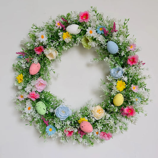 35cm Easter Wreath with Pastel Eggs Artificial Daisy Flower Front Door