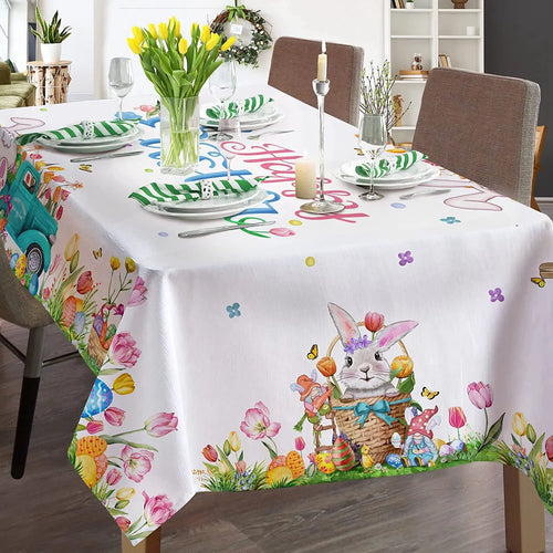 Easter Waterproof Tablecloth Decoration Bunny Egg Truck Tulip Print