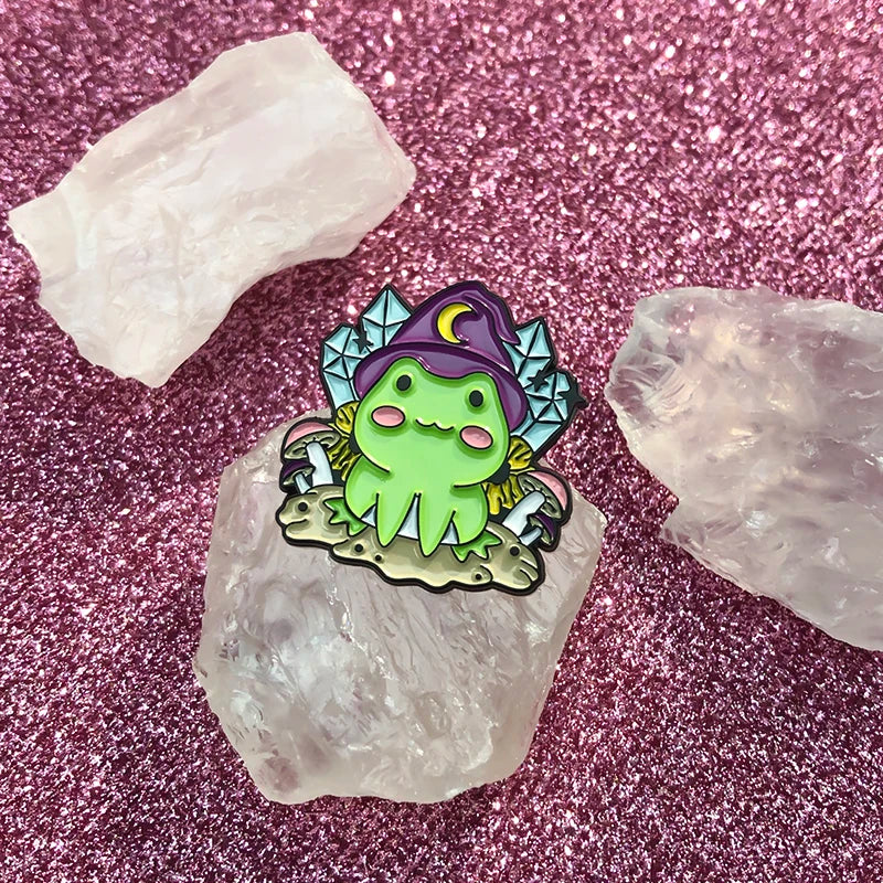 Witch Frogs Enamel Pins Custom Spell Book Magic Wand Potion Moon Phase