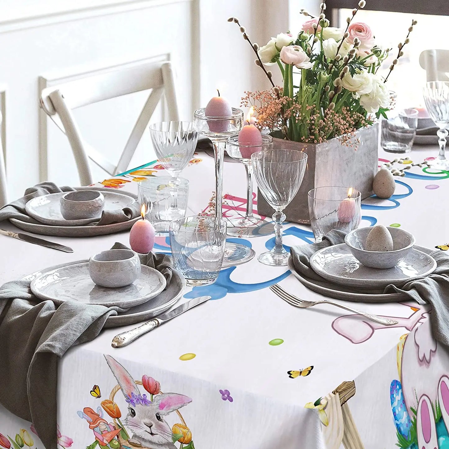 Easter Waterproof Tablecloth Decoration Bunny Egg Truck Tulip Print