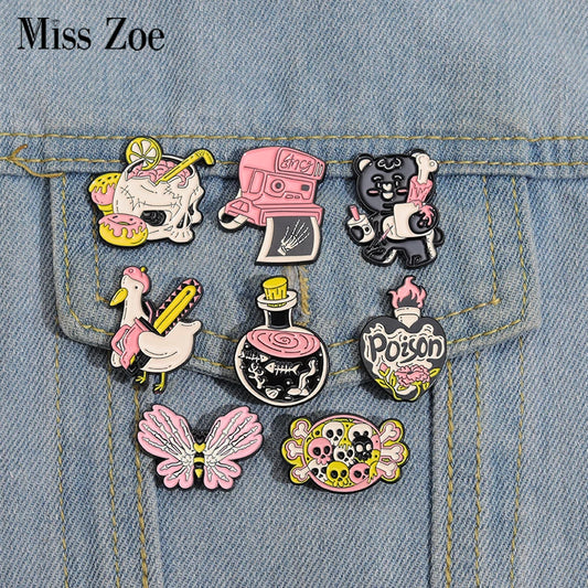 Pink Punk Enamel Pins Custom Skeleton Butterfly Goose Bear