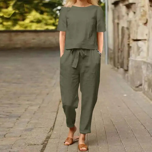 Fashion Women's Cotton Hemp Summer Khaki 2 Pc. Pant Set