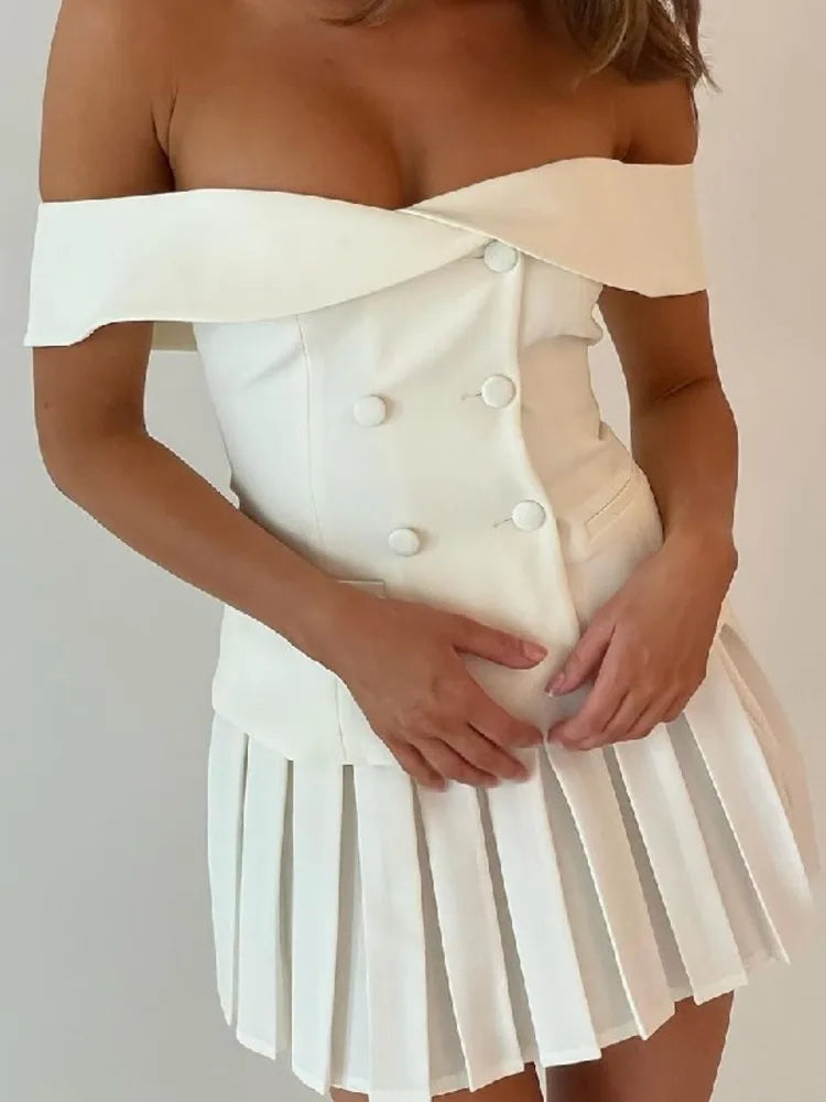 Mozision Two Piece Set Women Off-shoulder Tops And Pleated Skirt