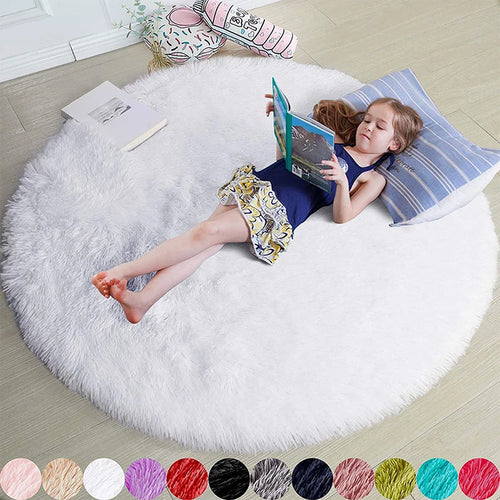 Fluffy Round Rugs For Girls Bedroom Soft Shaggy White Carpet In The