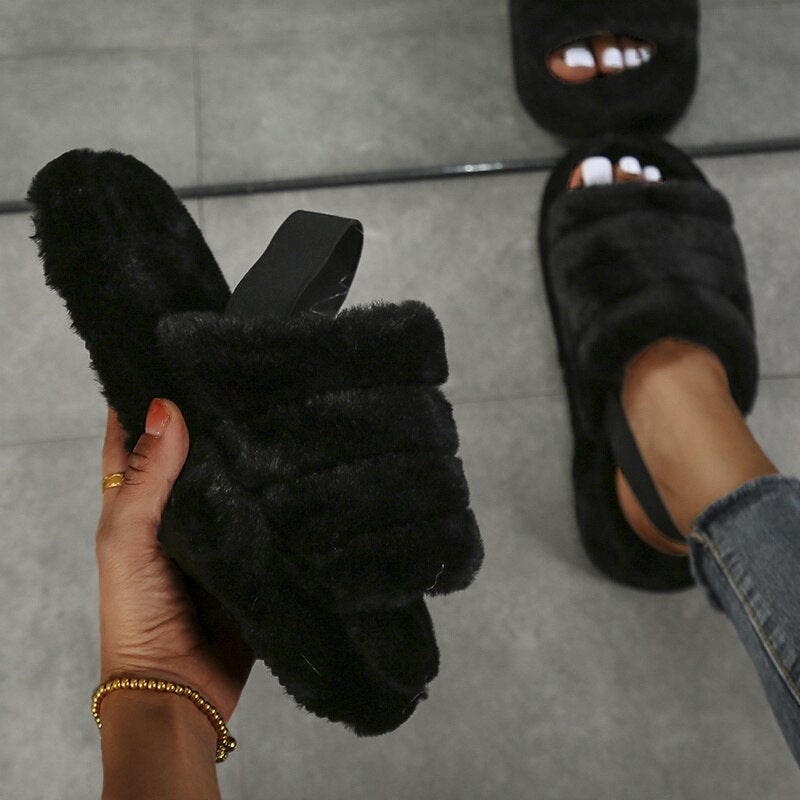 Winter Women Heel Slides Elastic Cloth Thick Sole Hair Slippers