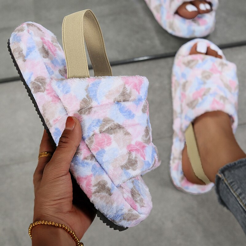 Winter Women Heel Slides Elastic Cloth Thick Sole Hair Slippers