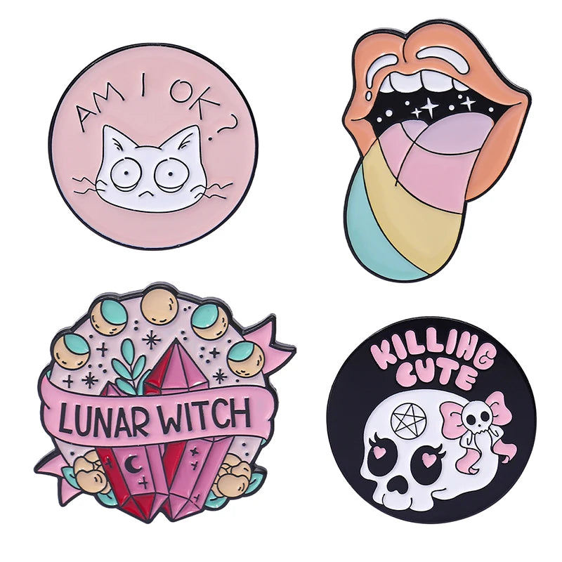Pink Punk Enamel Pins Custom Witch Bear Tongue Ghost Call
