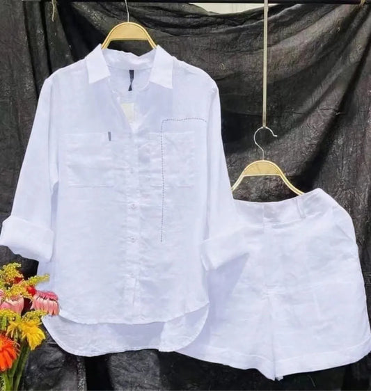 Fashion White 2 Piece Set For Women Long Sleeve Shirt And Shorts