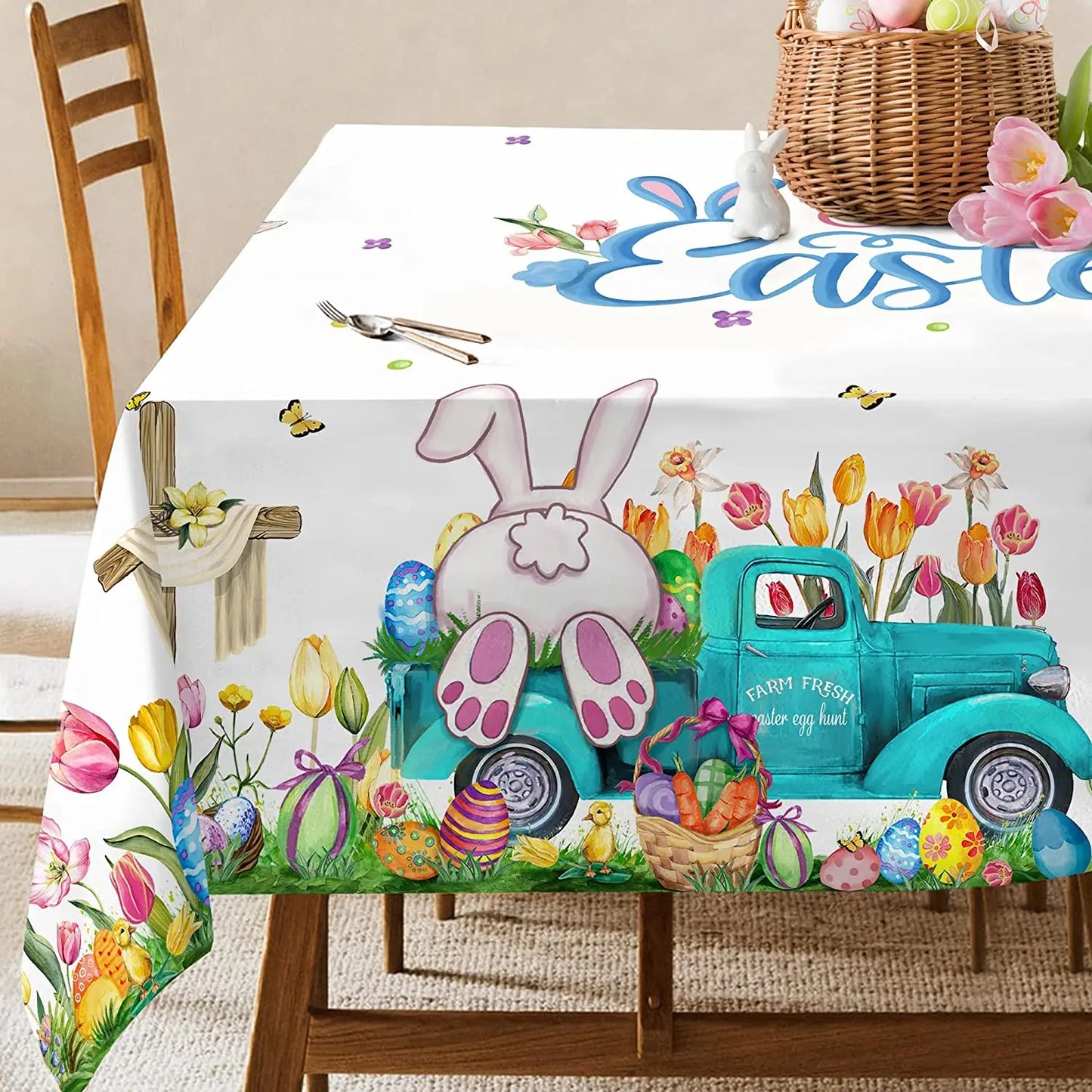 Easter Waterproof Tablecloth Decoration Bunny Egg Truck Tulip Print