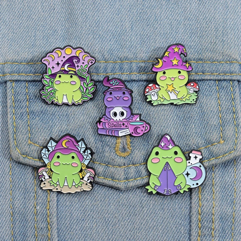 Witch Frogs Enamel Pins Custom Spell Book Magic Wand Potion Moon Phase