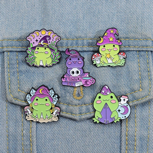 Witch Frogs Enamel Pins Custom Spell Book Magic Wand Potion Moon Phase