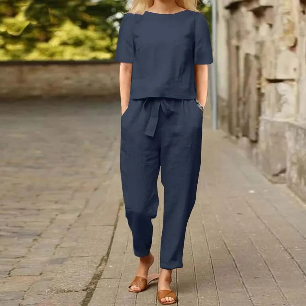 Fashion Women's Cotton Hemp Summer Khaki 2 Pc. Pant Set