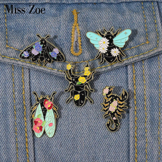 Floral Insects Enamel Pins Custom Nature Moth Cicada Scorpion