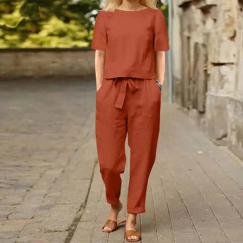 Fashion Women's Cotton Hemp Summer Khaki 2 Pc. Pant Set