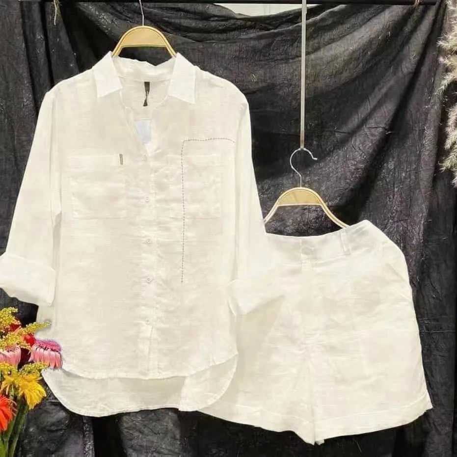 Fashion White 2 Piece Set For Women Long Sleeve Shirt And Shorts