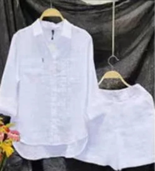 Fashion White 2 Piece Set For Women Long Sleeve Shirt And Shorts