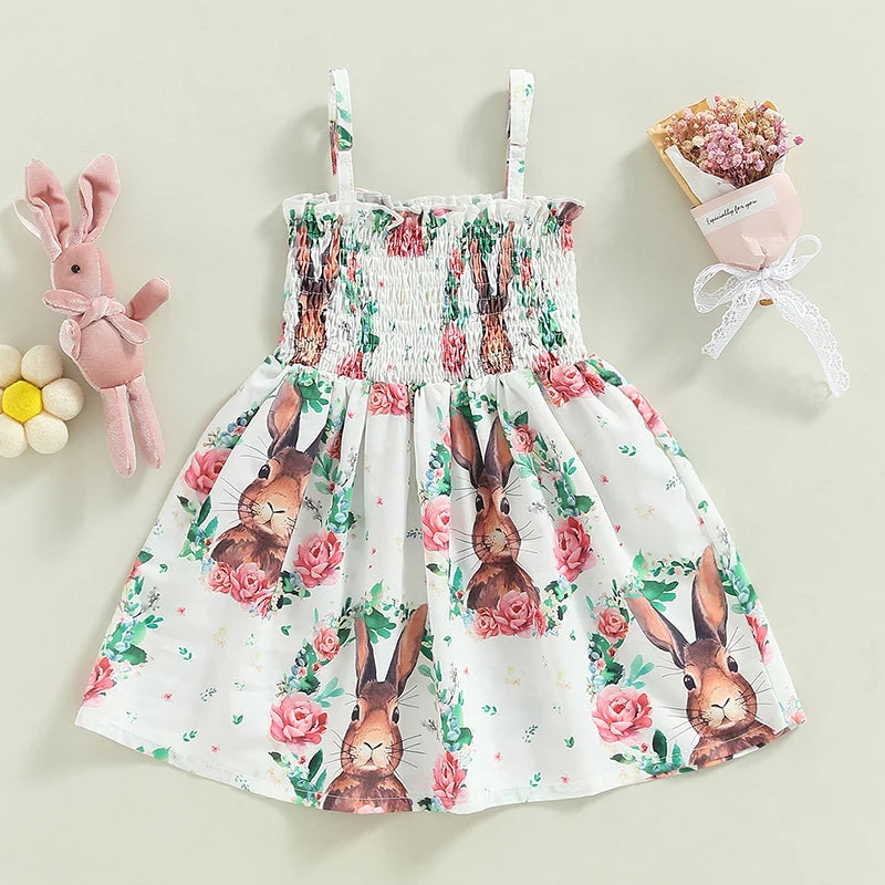 Easter Toddler Girls Dress Rabbit Floral Print Sleeveless Spaghetti Strap
