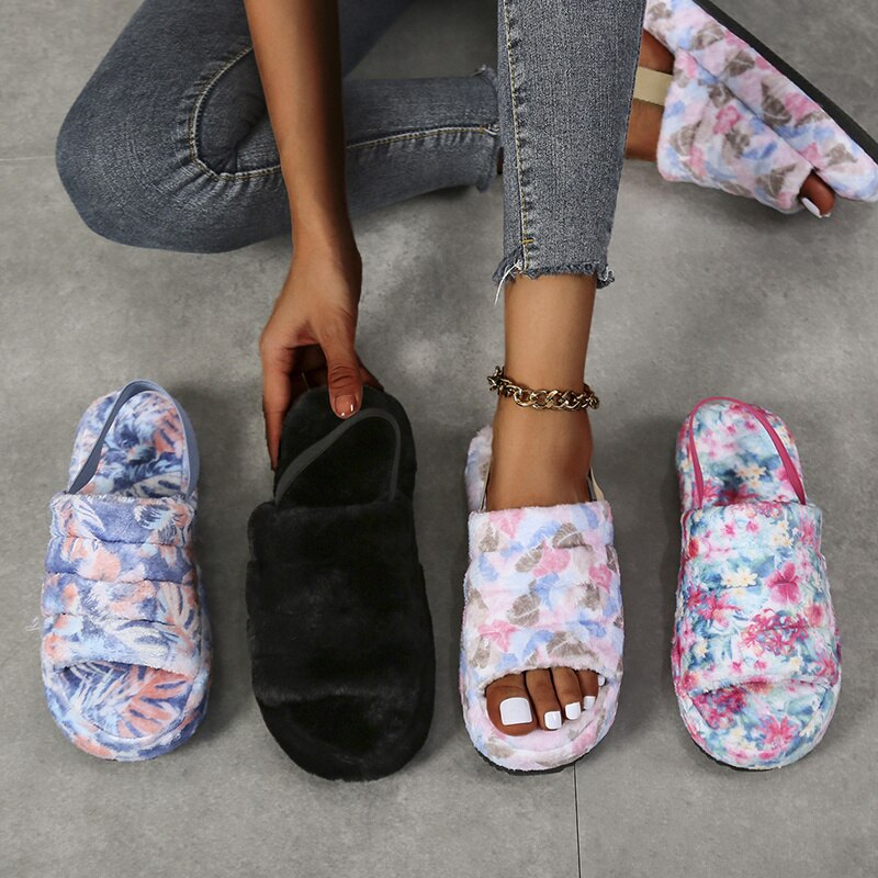 Winter Women Heel Slides Elastic Cloth Thick Sole Hair Slippers