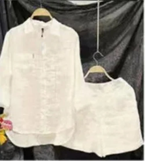 Fashion White 2 Piece Set For Women Long Sleeve Shirt And Shorts