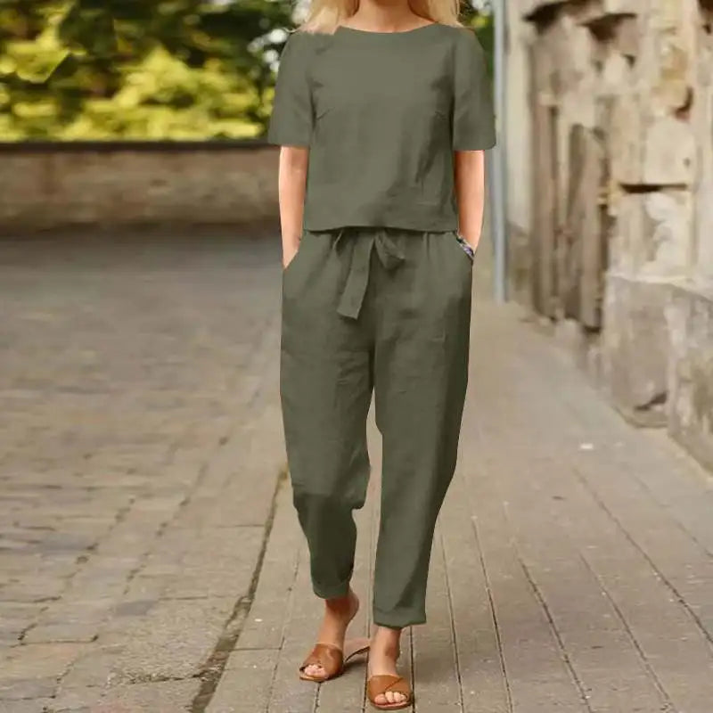 Fashion Women's Cotton Hemp Summer Khaki 2 Pc. Pant Set