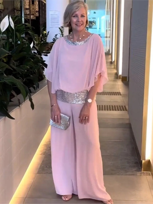 Fashion Sequin Splicing Chiffon Shirt Women's Bat Short Sleeved Suit