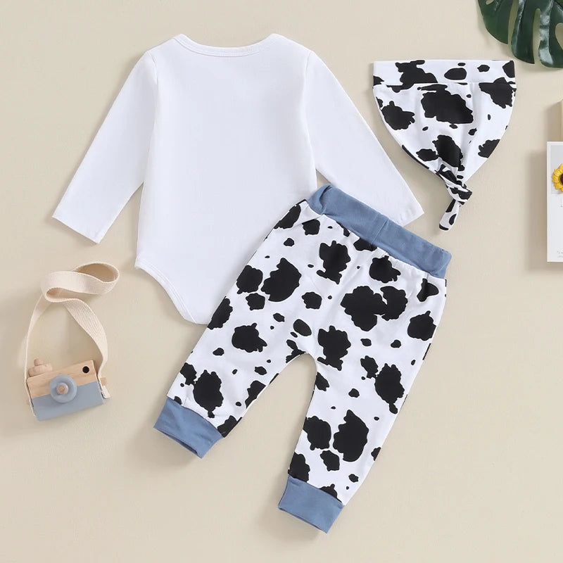 VISgogo 3 Pcs Baby Boy Outfit Letter Print Long Sleeve Rompers and Cow