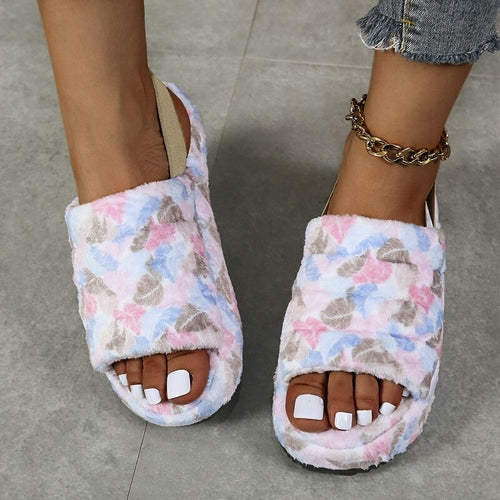 Winter Women Heel Slides Elastic Cloth Thick Sole Hair Slippers