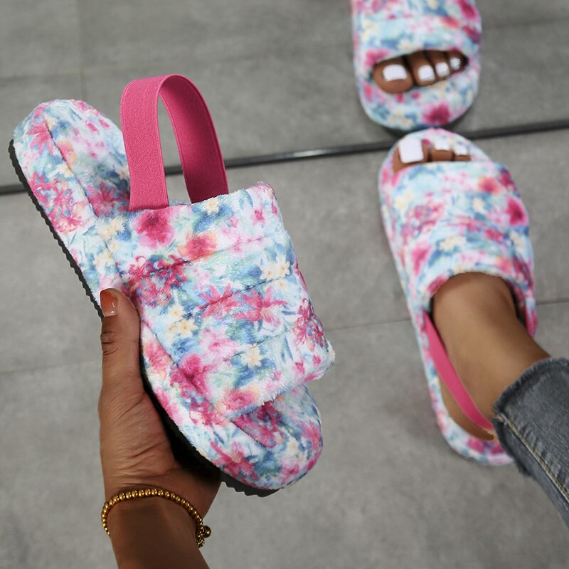 Winter Women Heel Slides Elastic Cloth Thick Sole Hair Slippers