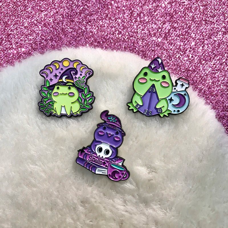 Witch Frogs Enamel Pins Custom Spell Book Magic Wand Potion Moon Phase
