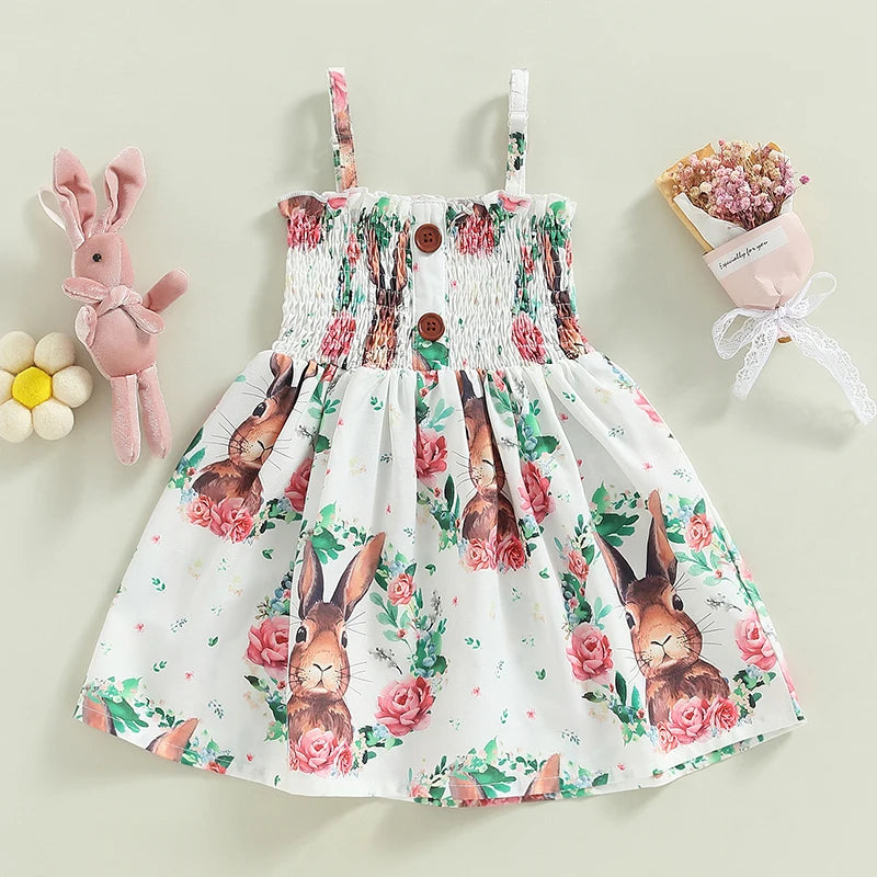 Easter Toddler Girls Dress Rabbit Floral Print Sleeveless Spaghetti Strap
