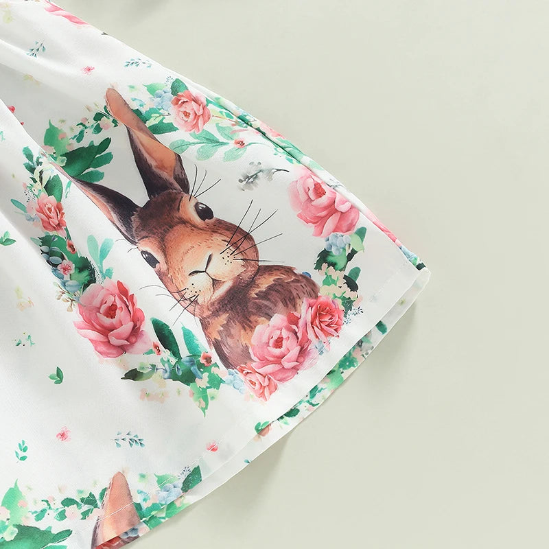 Easter Toddler Girls Dress Rabbit Floral Print Sleeveless Spaghetti Strap