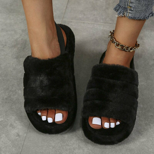 Winter Women Heel Slides Elastic Cloth Thick Sole Hair Slippers