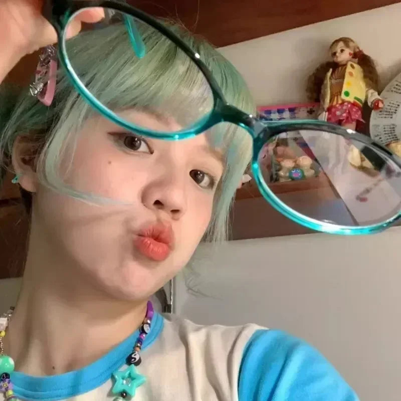 Retro Oval Glasses Women Girls Y2K Red Green Frame Glass Eyewear